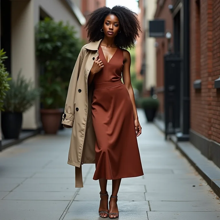 Mulher branca com vestido midi e trench coat para um look sofisticado