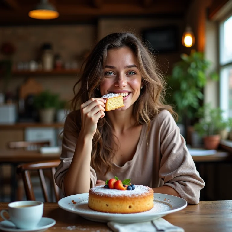 Mulher branca comendo bolo caseiro em restaurante