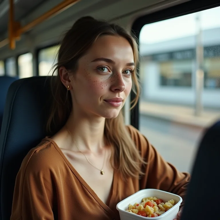 Mulher branca comendo refeição caseira em viagem longa de ônibus
