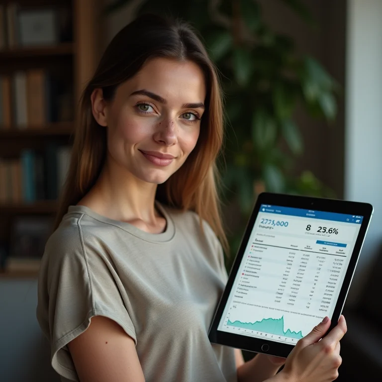 Mulher branca comparando ETFs e fundos de investimento.