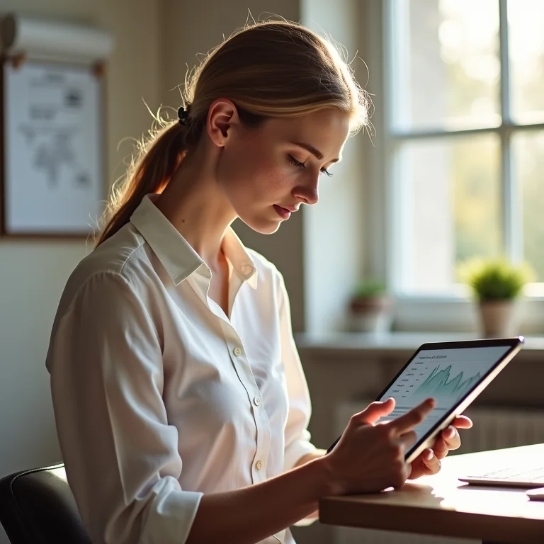 Mulher branca concentrada em dados financeiros no tablet para CPA-20