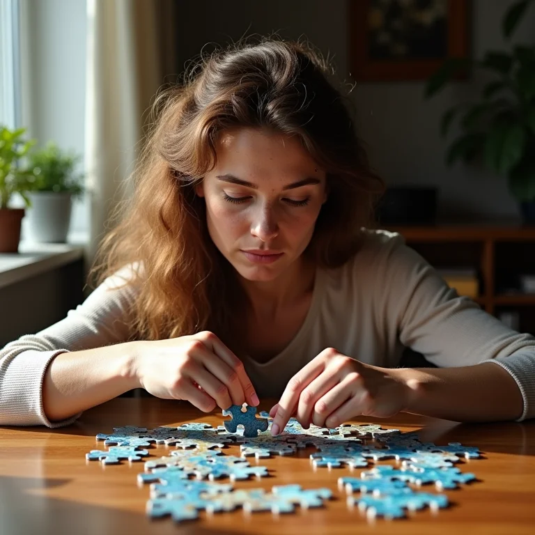 Mulher branca concentrada em um quebra-cabeça