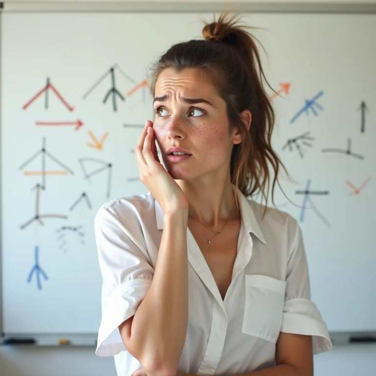 Mulher branca confusa analisando um quadro branco com leads.