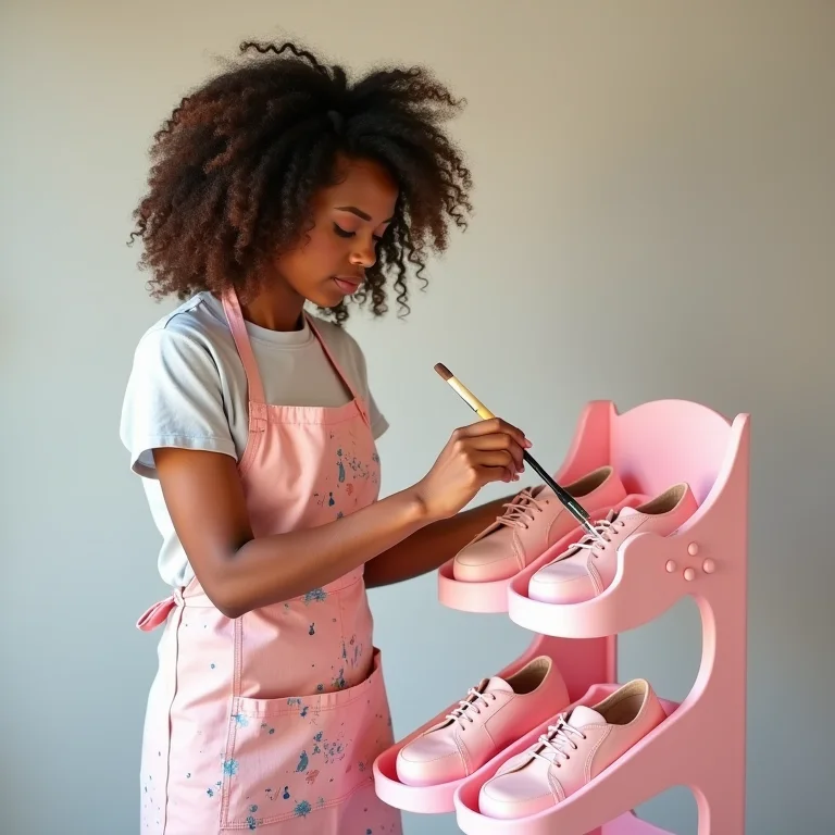 Mulher branca customizando sapateira de cano PVC com tinta pastel.