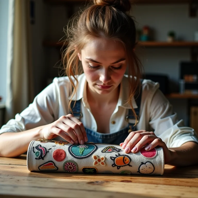 Mulher branca customizando um porta lápis de rolo.