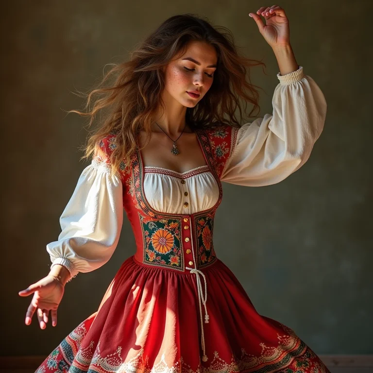 Mulher branca dançando com roupa inspirada em festas ibéricas.