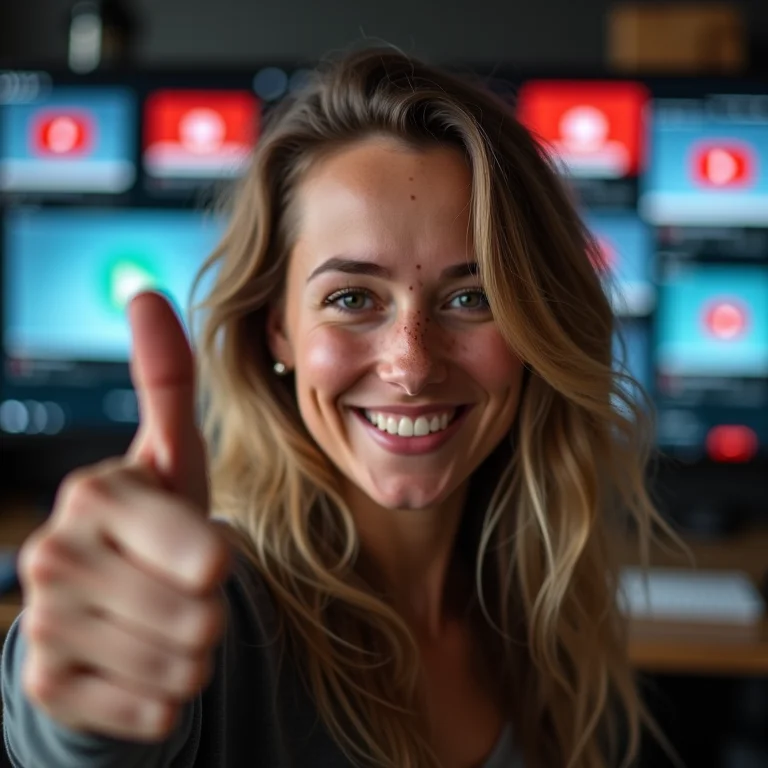 Mulher branca dando um joinha com logos do YouTube ao fundo