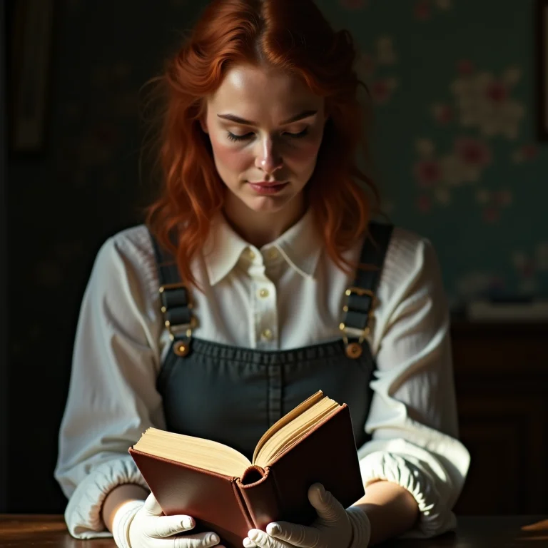 Mulher branca de sardas manuseando livro com luvas.