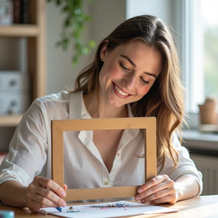 Mulher branca decorando um porta-retrato de papelão com tinta e glitter