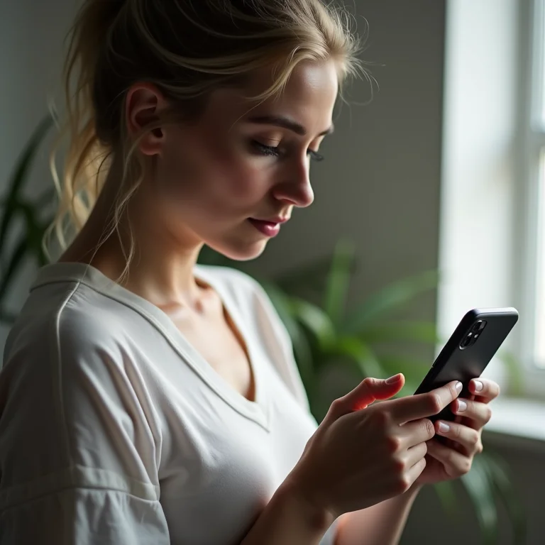 Mulher branca definindo senha forte no celular.