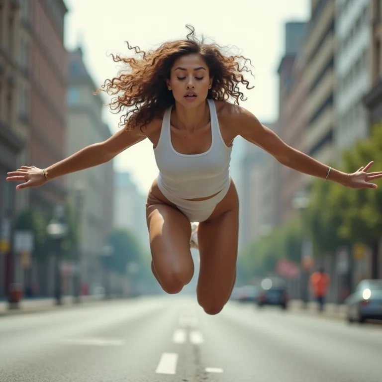 Mulher branca demonstrando técnica de aterrissagem segura no parkour