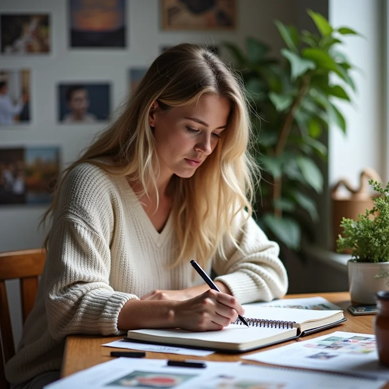 Mulher branca desenhando modelos de suporte para notebook em um caderno