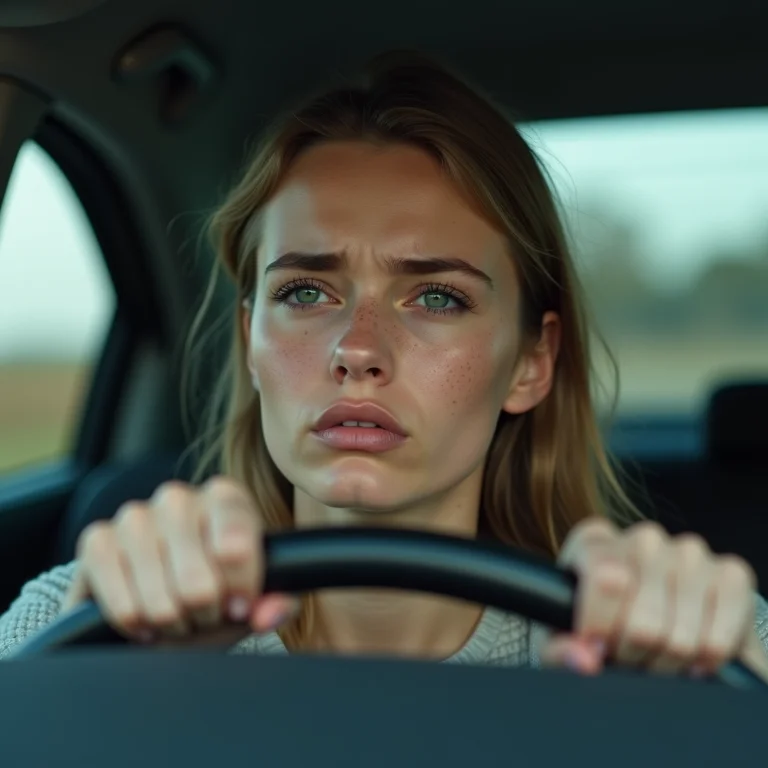 Mulher branca dirigindo um carro com o ar condicionado ineficiente, demonstrando a perda de desempenho devido à falta de limpeza.