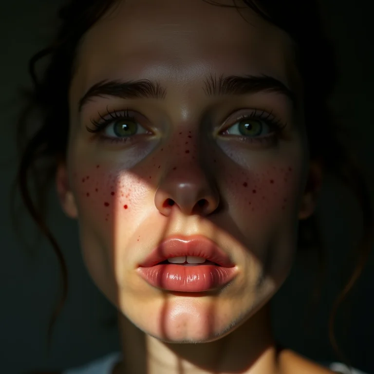 Mulher branca dividida entre luz e sombra, simbolizando suspense psicológico e gore.