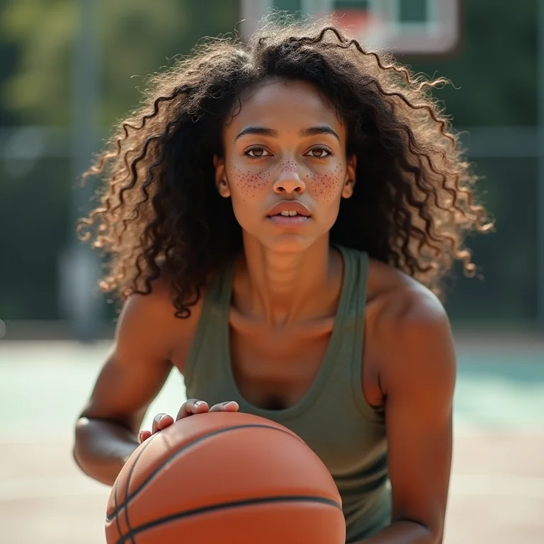 Mulher branca driblando bola de basquete