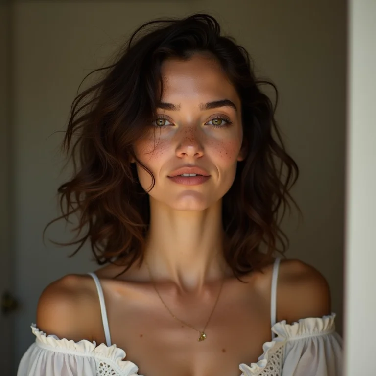 Mulher branca escolhendo roupas no armário, considerando seu formato de corpo.