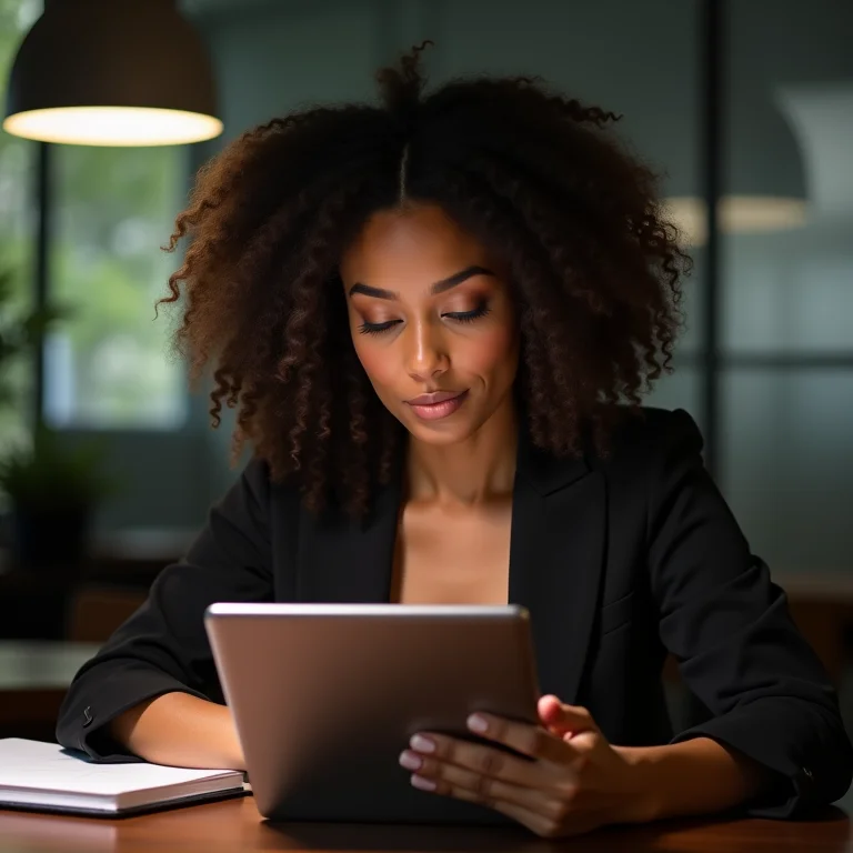 Mulher branca escrevendo resumo profissional em tablet