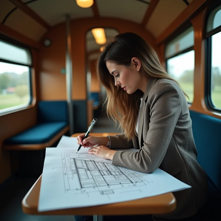 Mulher branca estudando plantas em um trem, simbolizando aprendizado prático