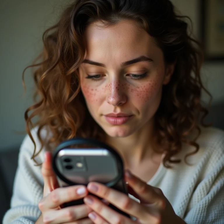 Mulher branca examinando a entrada do carregador do celular.