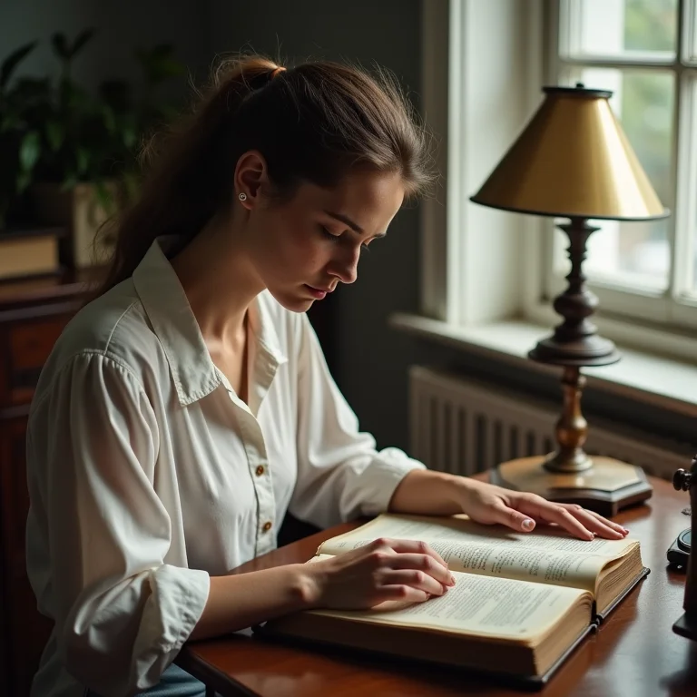 Mulher branca examinando livro contábil antigo