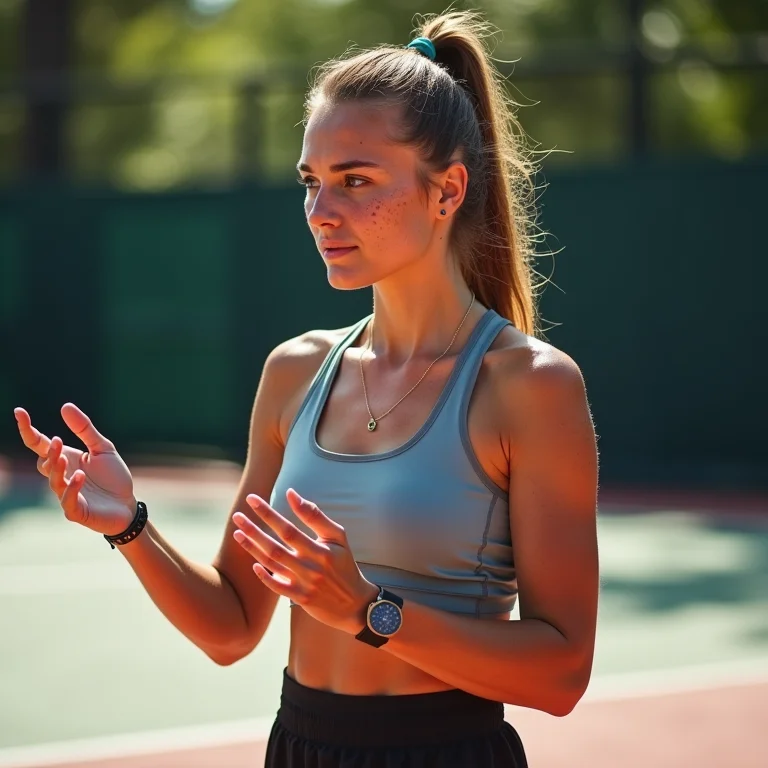 Mulher branca explicando as regras do jogo de peteca.