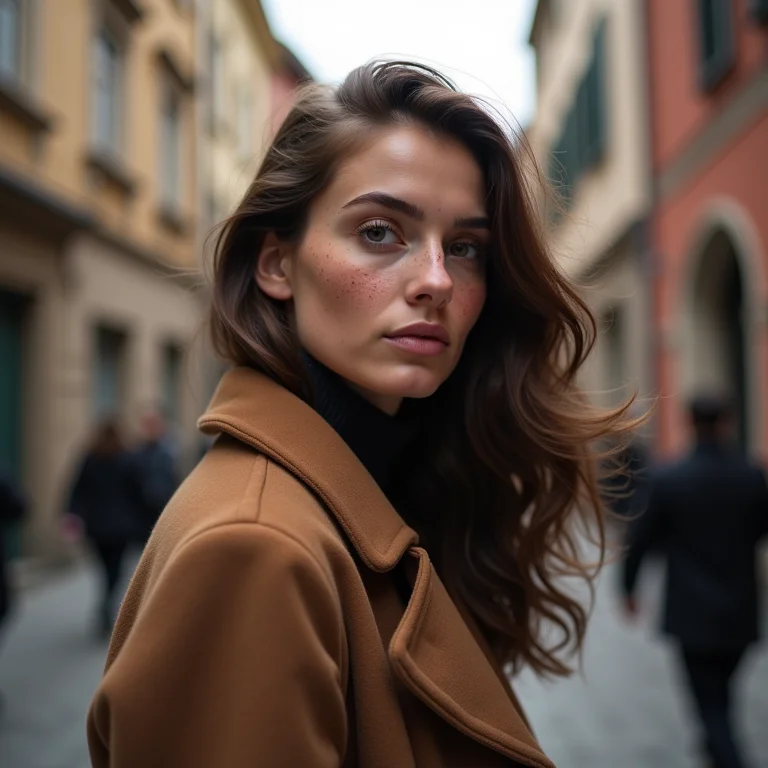 Mulher branca explorando rua charmosa em Campos do Jordão.