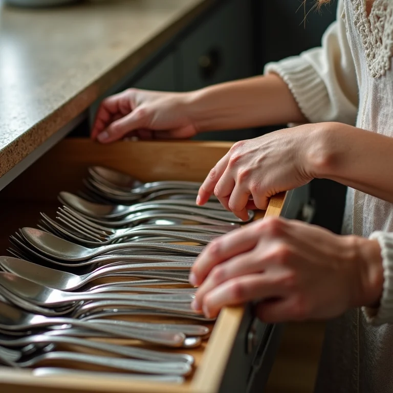 Mulher branca guardando talheres em uma gaveta organizada.