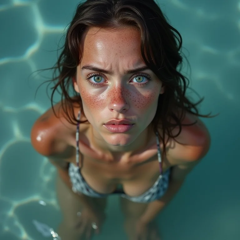 Mulher branca insegura na borda da piscina