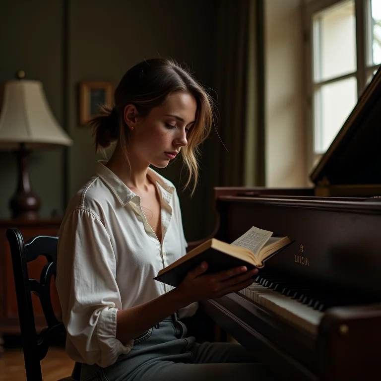 Mulher branca lendo livro perto de um piano antigo