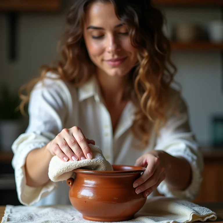Mulher branca limpando panela de barro com verniz.