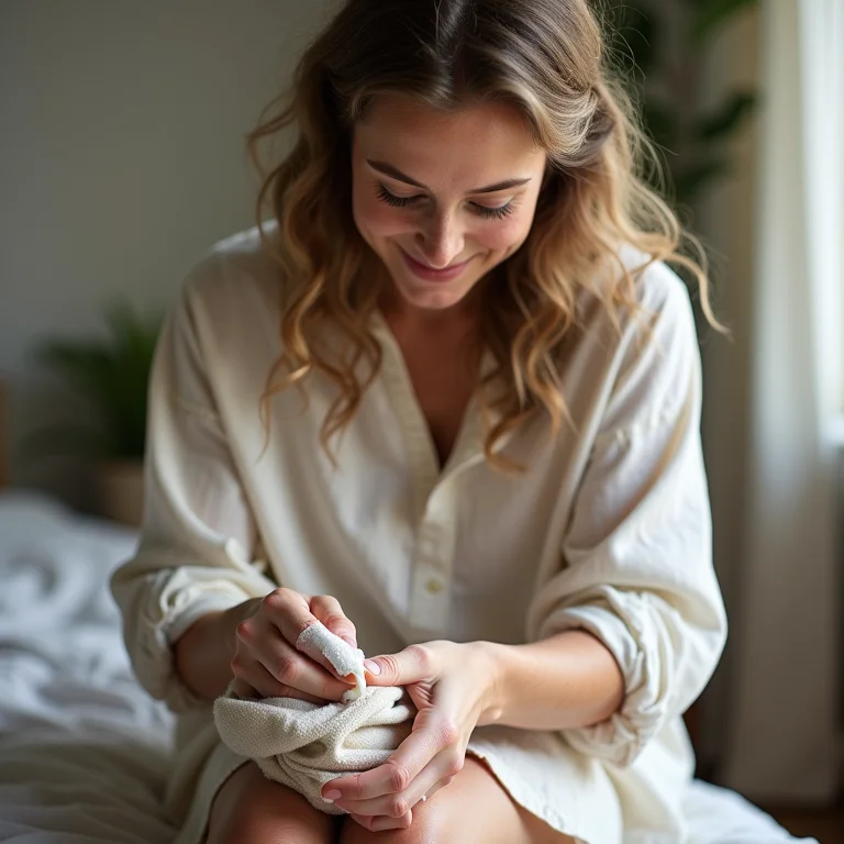 Mulher branca limpando sapatos de linho com solução caseira.