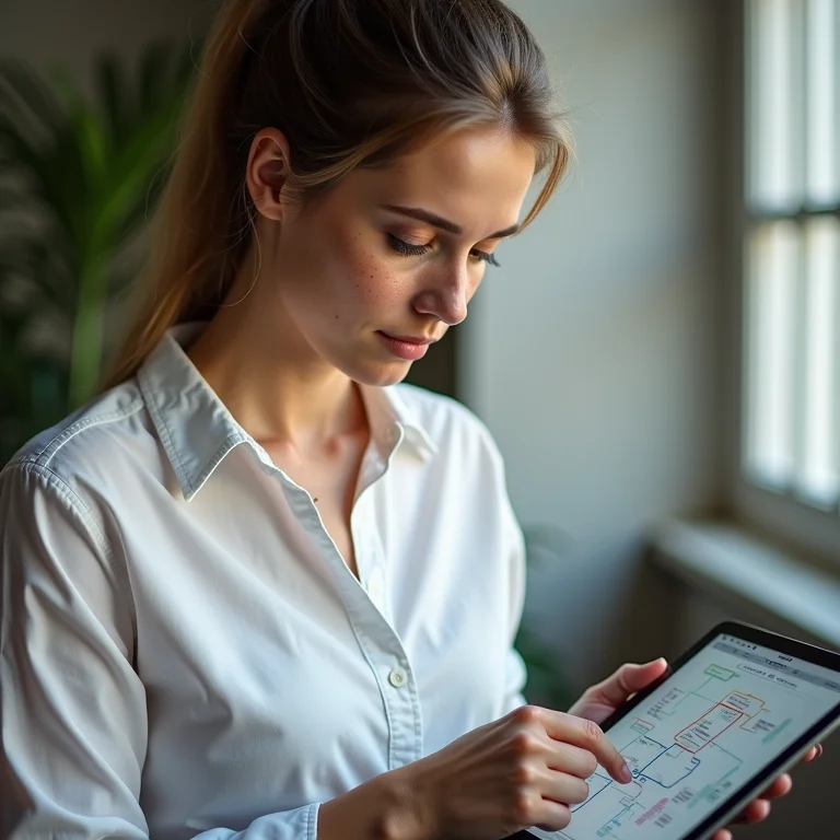 Mulher branca mapeando fluxos de dados em um tablet