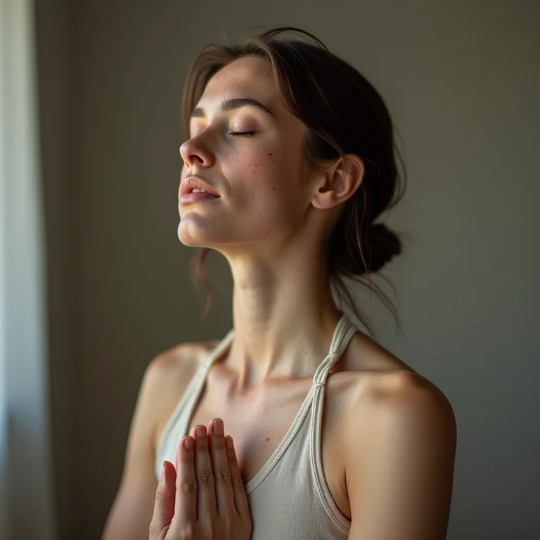 Mulher branca meditando e focando na consciência corporal