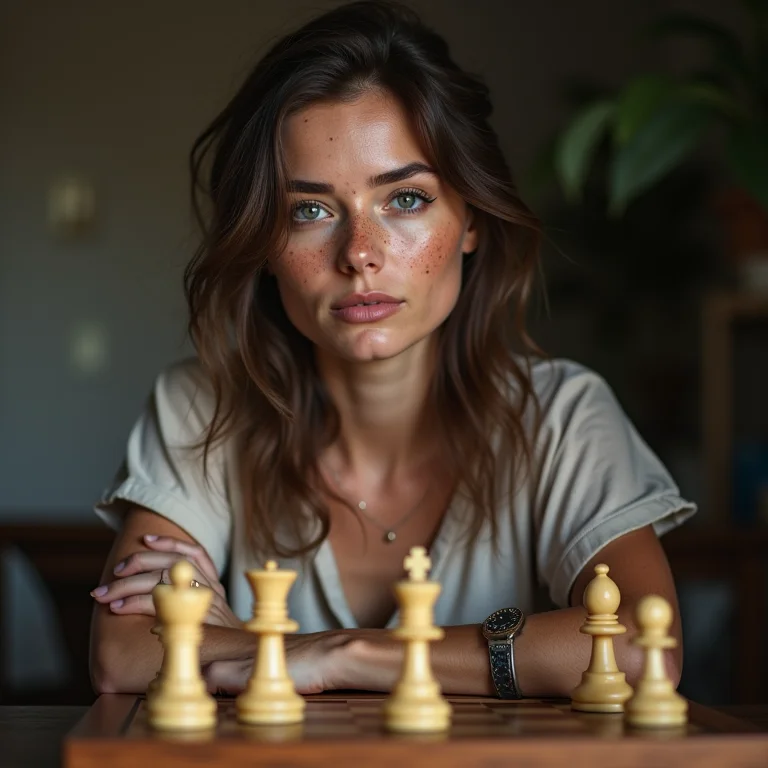 Mulher branca memorizando posições de xadrez com mnemônicos, destacando a capacidade de aprendizado.