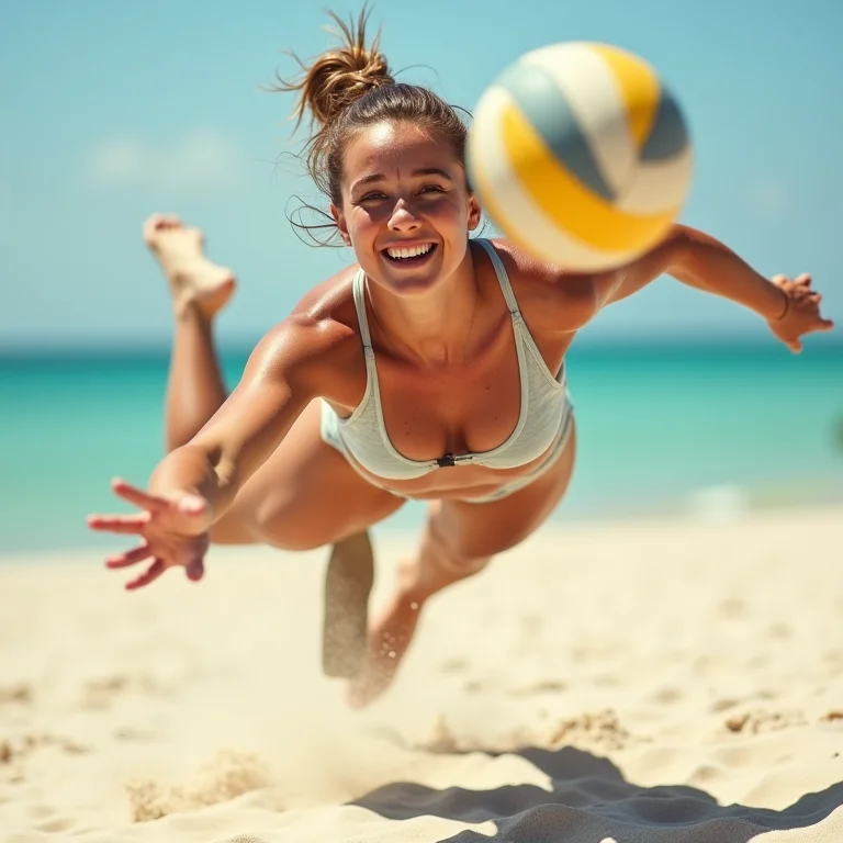 Mulher branca mergulhando para pegar a bola no vôlei de praia