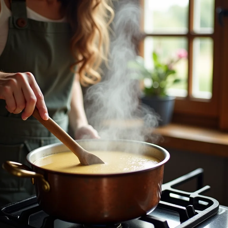 Mulher branca mexendo o brigadeiro na panela.