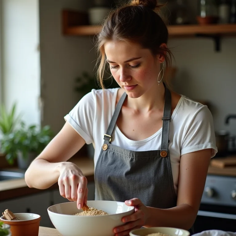 Mulher branca misturando ingredientes de bolo