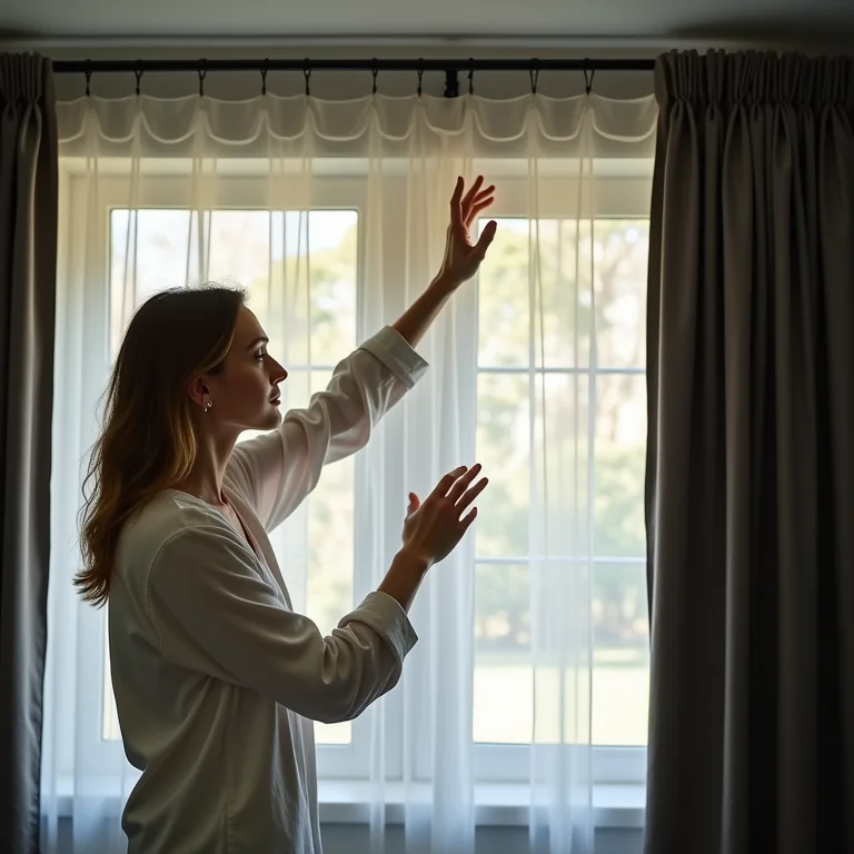 Mulher branca mostrando trilho e varão para cortina blackout