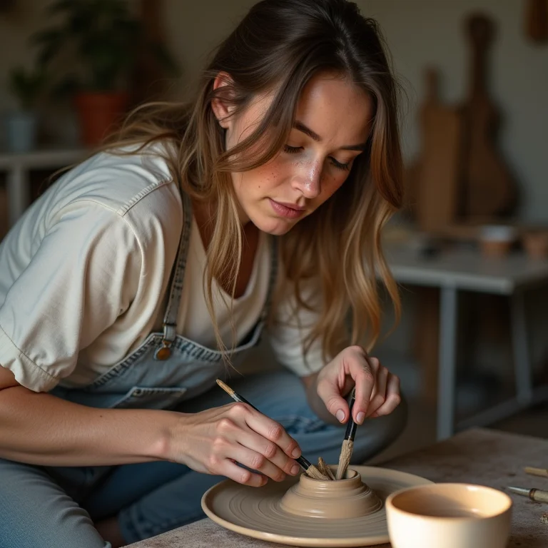 Mulher branca observando artista local criando cerâmica