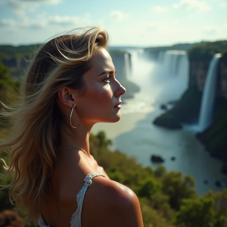 Mulher branca observando as Cataratas do Iguaçu de um mirante estratégico