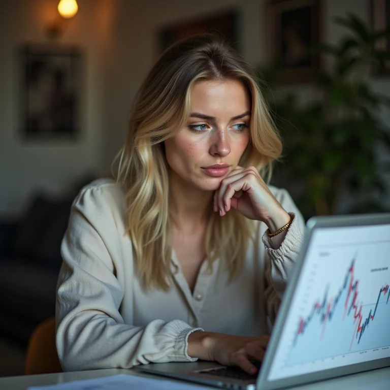 Mulher branca olhando para um gráfico de taxas de juros em um laptop.