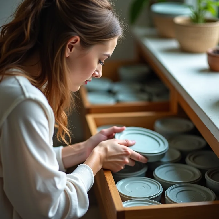Mulher branca organizando tampas de potes