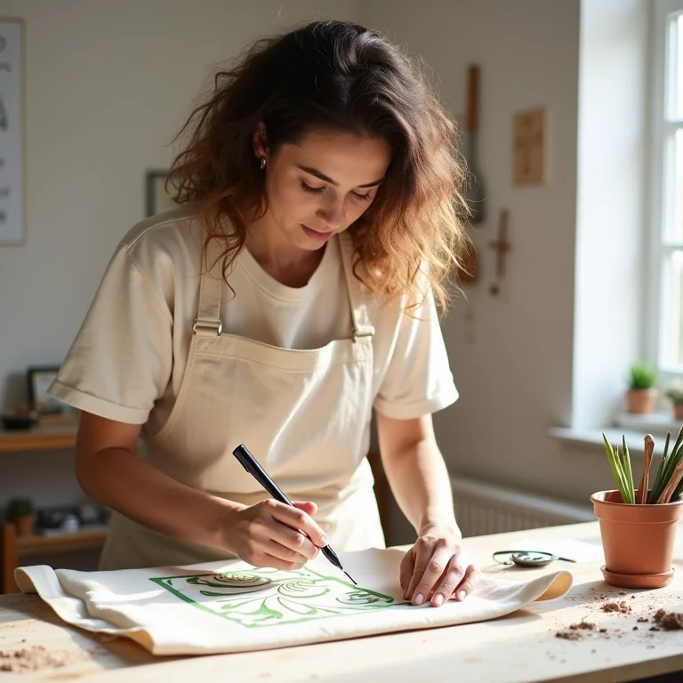 Mulher branca personalizando sacola ecológica
