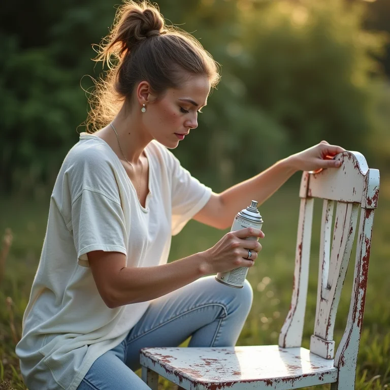 Mulher branca pintando cadeira vintage com tinta spray