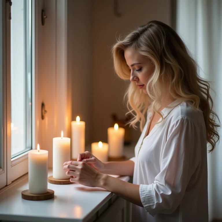 Mulher branca planejando a disposição de velas em uma lareira