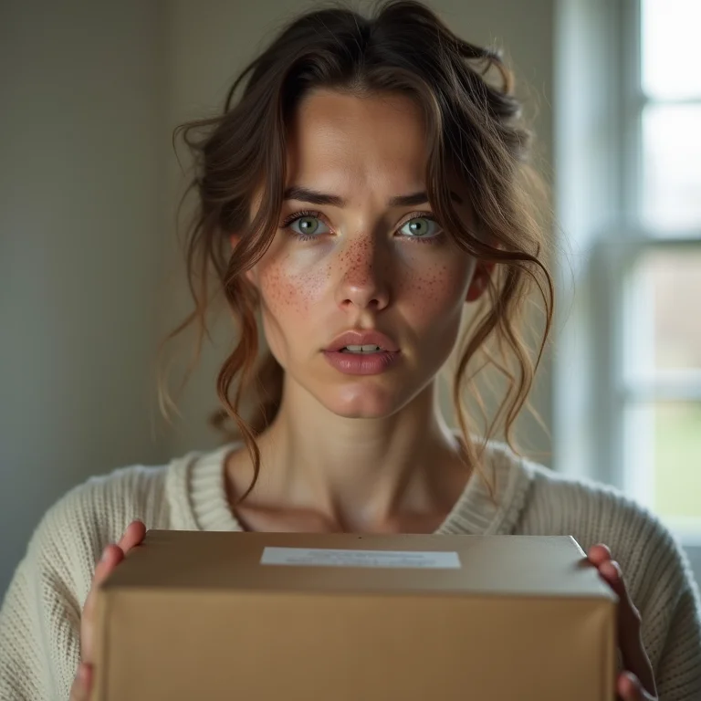 Mulher branca preocupada segurando caixa de produto danificada