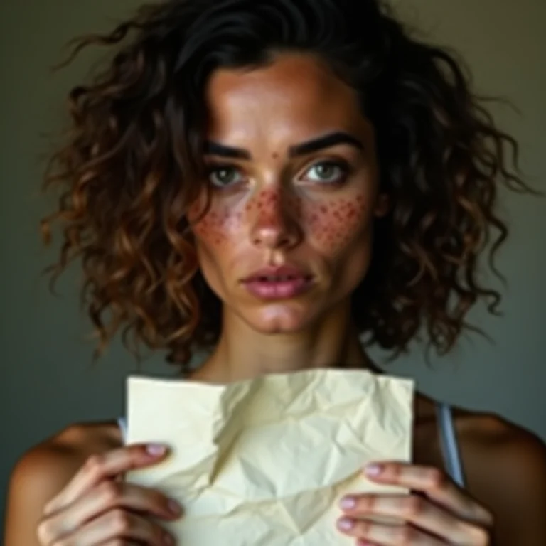 Mulher branca preocupada segurando um papel amassado