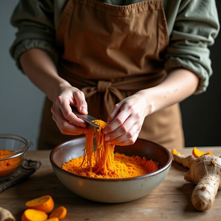 Mulher branca ralando a raiz de cúrcuma em uma tigela.
