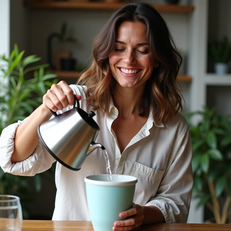 Mulher branca reabastecendo água em vaso autoirrigável