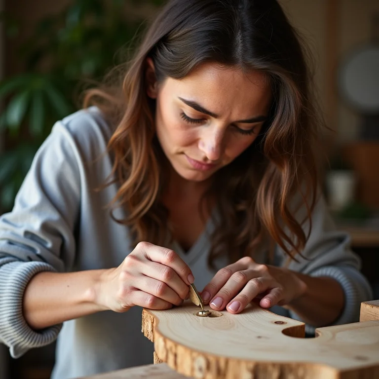 Mulher branca relaxando ao fazer DIY de porta chaves de madeira